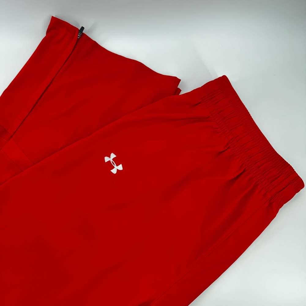 Under Armour Track Pants Men XL Red Loose Fit Ankle Zip Athletic Warm Up